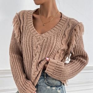 NWOT Shein Tan Fringe Detail Cable Knit Long Sleeve V-Neck Sweater